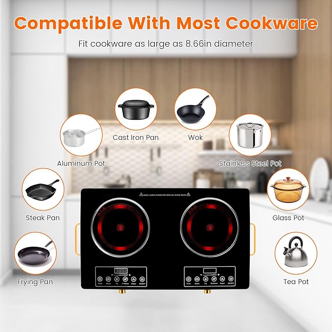 7000W Double Ceramic Electric Hot Plate Countertop Stove Double Burner Infrared Cooktop with 11 Power Levels 0-4H Timer Portable Handle LED Display for Kitchen Camping (Black)