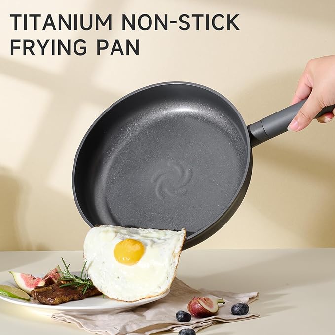 JEETEE 9.5 Inch Nonstick Frying Pan with Titanium Coating, Non-Toxic Omelette Egg Pan with Stay-Cool Handle, PFOA/PFOS Free, Induction Compatible, Skillet Dishwasher & Oven Safe - Grey
