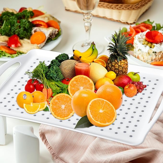 2 Pcs Large Rectangular Non Slip Serving Tray with Handles, Silicone Gripping Nubs Lap Food Trays for Eating, Dishwasher Safe Serve for Dinner Snack Fruit Dessert Beverage, Rectangular(White)