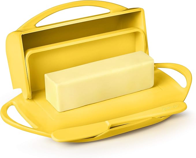 Butterie Flip-Top Butter Dish with Lid & Matching Knife, Holds 2 Sticks/European Butter, No-Mess Butter Holder, Shatterproof, Dishwasher Safe, Yellow