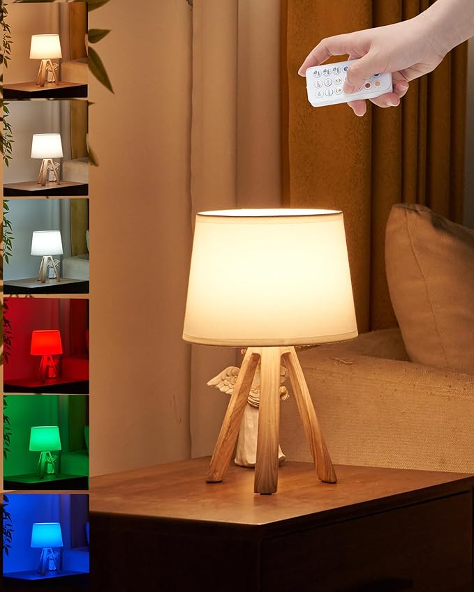 UMEXUS Cordless Table Lamp, Rechargeable Battery Powered, Timer & Dimmer & Remote Control & Color-Changing, Fabric White Shade, Small Tripod Lighting Patio Bedroom Living Room Home Office