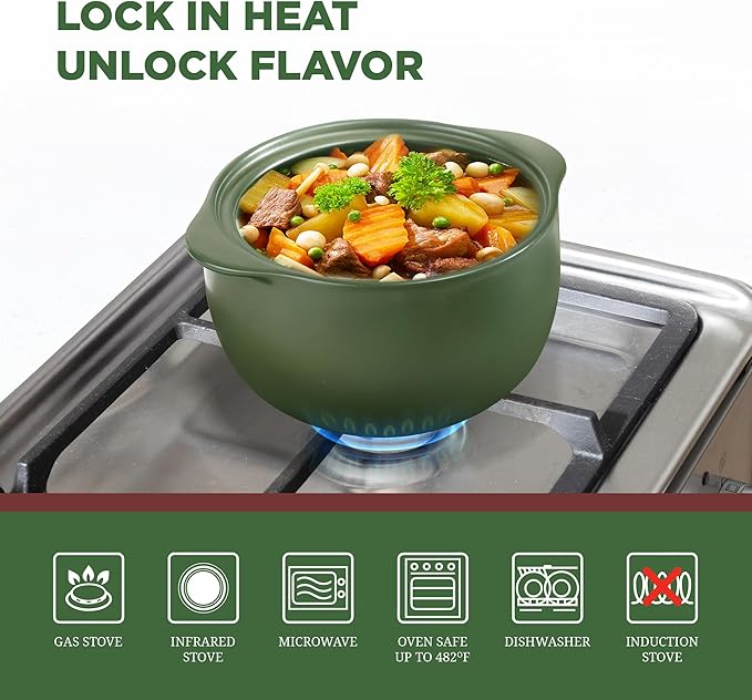 MINH LONG 3-Qt Porcelain Dutch Oven with Lid – Lead & Cadmium Free, Oven Safe to 482°F, Heat Retention, Clay Pot for Cooking on Gas & Infrared Cooktop, Use to Marinate, Cook, Bake, Refrigerate & Serve