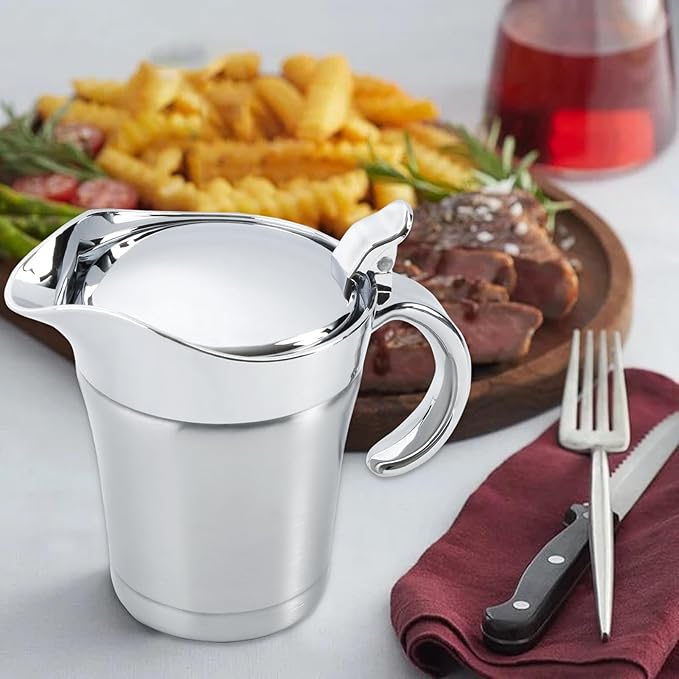 Double Insulated Gravy Boat, 18/8 Stainless Steel Sauce Jug Gravy Boat with Hinged Lid - Ideal for Gravy or Cream at Thanksgiving, Halloween, Christmas, Dishwasher safe (750ML/26 OZ)