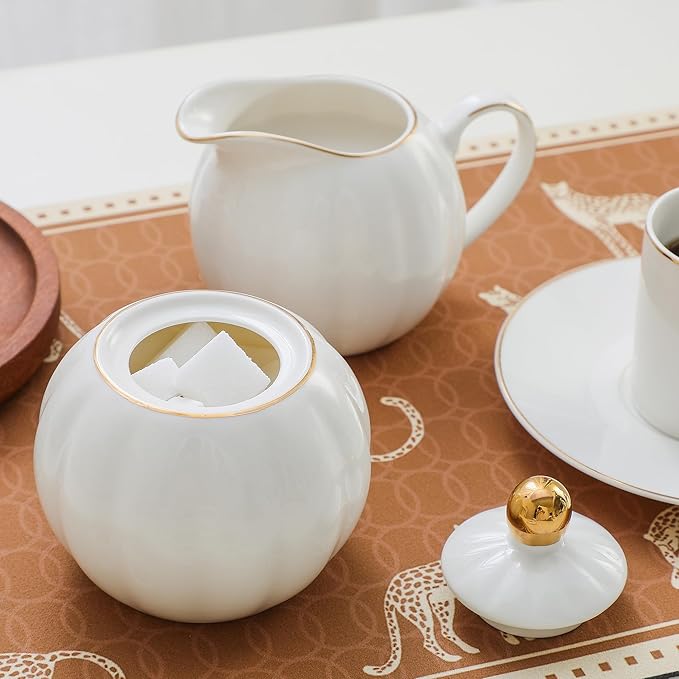 White and Gold Porcelain Sugar Bowl and Creamer Set - 12oz Lidded Sugar Pot & 10oz Milk Jug with gold rim, Elegant Tea and Coffee Accessories, Table Decor and Gift