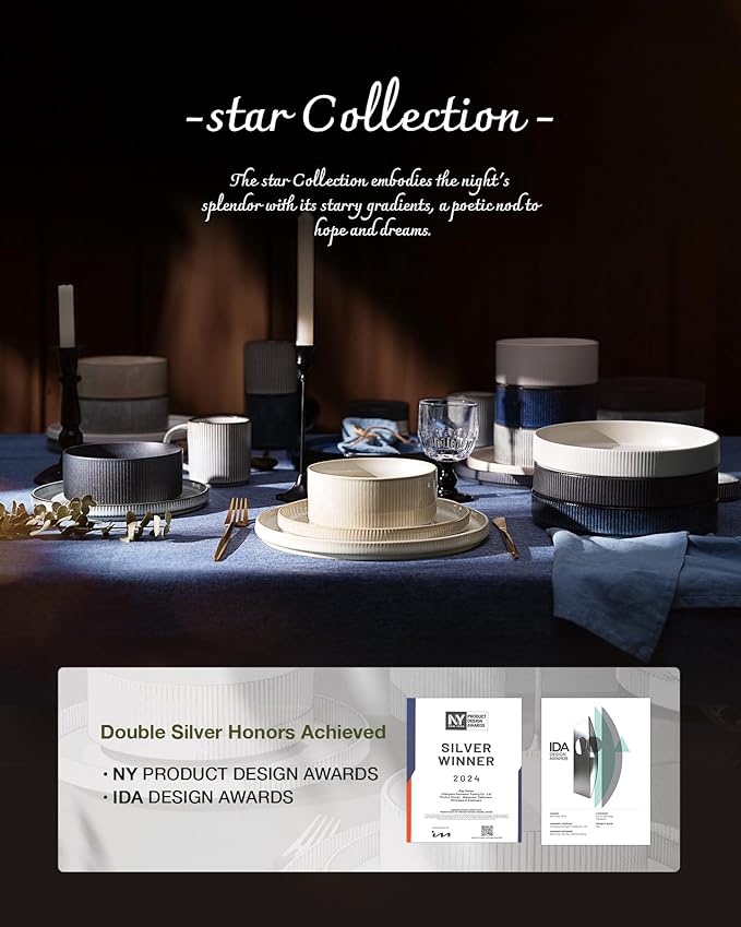famiware Star Plates and Bowls Sets, Modern Stoneware Dinnerware Sets for 8, 24-Piece Kitchen Dish Set - Microwave and Dishwasher Safe, Chip and Scratch Resistant, Cappuccino White