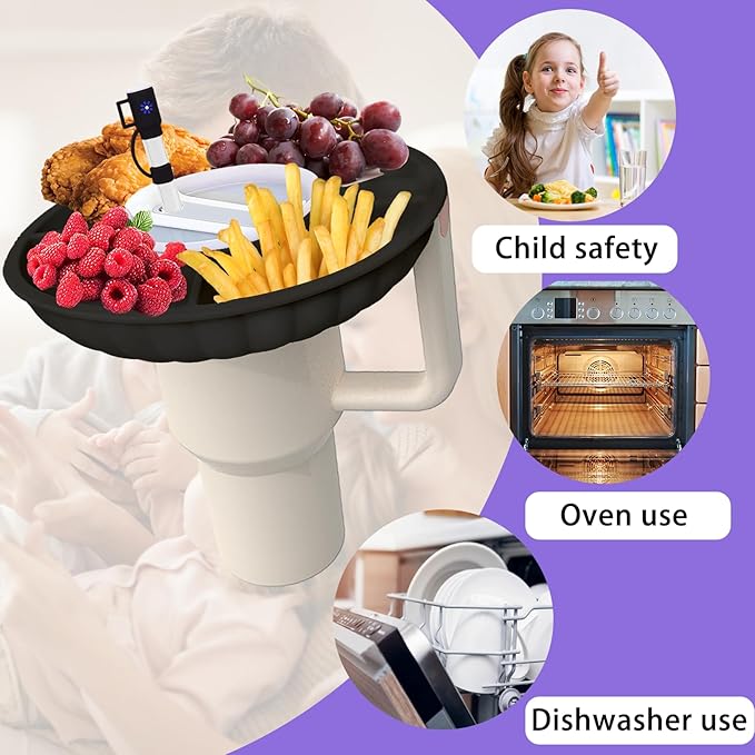 Stanley Snack Tray with Lid and Straw Covers Cap，Compatible with Stanley Cup 40 oz, Stanley Cup Accessories for Car Cup Holder, Home, Party,Outdoor，Silicone Snack Bowl Black