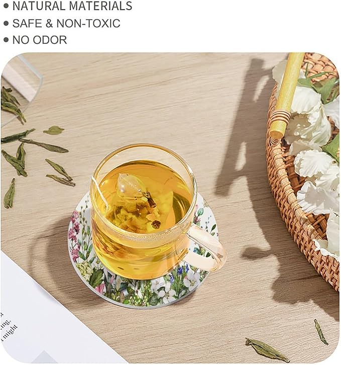 Floral Drink Coasters, Round Ceramic Drink Coaster Round-4PCS, Watercolour Flower Herb Nature Plant Floral Butterfly Decor Absorbent Ceramic Coasters for Beverage Cup, Bar, Coffee Table