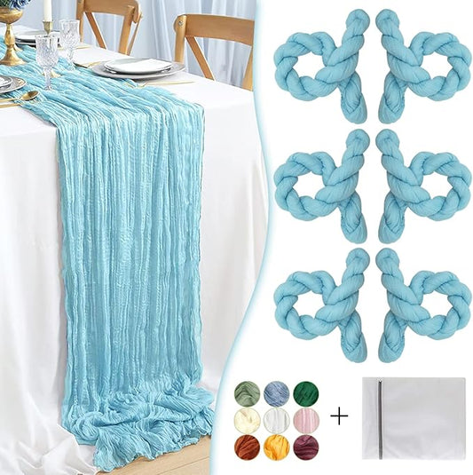 Baby Blue Cheesecloth Table Runner 6 Pack 35" Boho Gauze Runner 120 inches Long Runner Rustic Sheer Fabric Bulk for Baby Shower Wedding Bridal Birthday Party Table Decorations