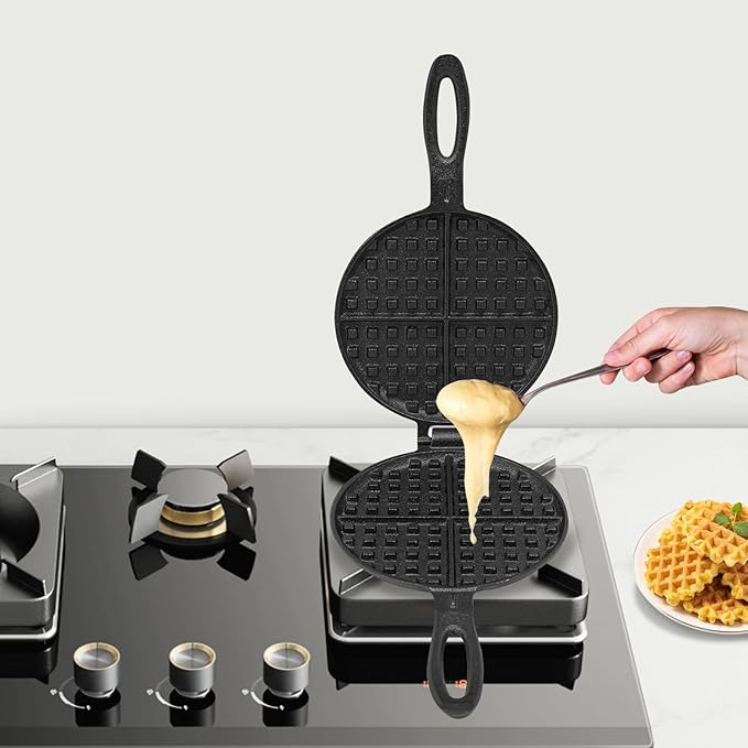 Cast Iron Waffle Maker, 2-Piece Stovetop Waffle Iron Set for Gas Stove - 6.7 Inch Classic Belgian Waffle Plates, Non-Stick & Detachable, Perfect Holiday & Christmas Breakfast Gift (Black)