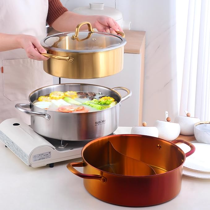BOOTLION 11.8 Inch Stainless Steel Shabu Hot Pot with Divider, Glass Lid Dual Sided Stockpots, Slotted Spoon and Soup Ladle for Induction Cooktop Gas Stove，Dishwasher safe (Silver)