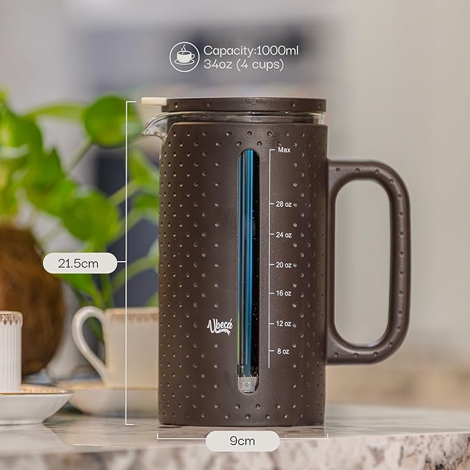 Ubeca The 34oz Large French Press Coffee Maker – Elegant Borosilicate Glass Carafe, Heat-Resistant & Minimalist Handle, Premium Design for Coffee, Tea & Hot Drinks – BPA-Free 1000ml Coffee Brewer