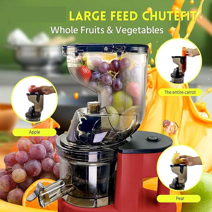 Cold Press Juicer Machines Slow Masticating High yield Pulp separation Can make fruit ice cream Multi-Functional for Home Commercial Use Wide Feed Chute (red)