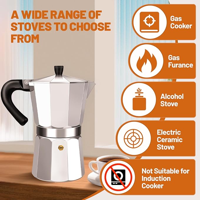 DITOSH 6 Cup Aluminum Espresso Stovetop Moka Pot Express Coffee Maker Percolator Italian Classic Mocha Coffee Machine for Italian and Cuban Cafe Brewing for Home & Camping 300ml 10oz