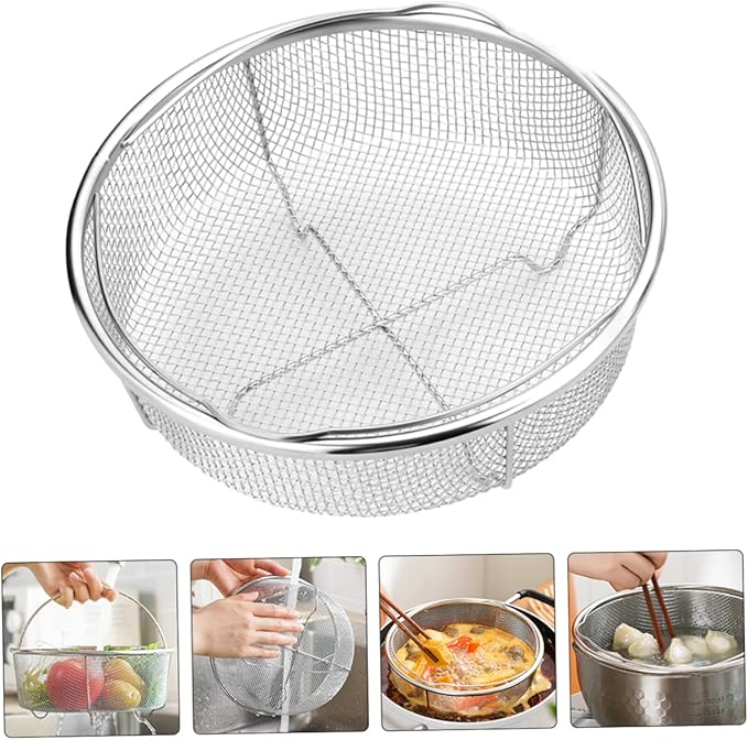 Hemoton Stainless Steel Colander with Handle, 8.26 X 7.08 X 3.58 Inch Vegetable Strainer Basket for Washing Fruits, Rinsing Rice, and Draining Pasta, Kitchen Food Strainer for Home Use