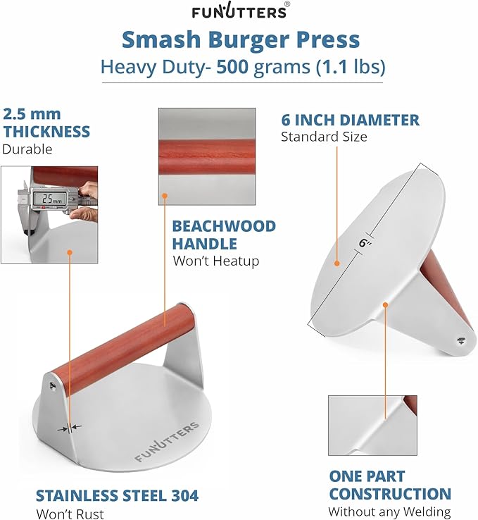 6'' Smash Burger Press Patty Maker, Hamburger Smasher Tool, Heavy-Duty Stainless Steel, BBQ Grill and Flattop Griddle Accessory - Commercial Grade (6'' with Beechwood Handle)