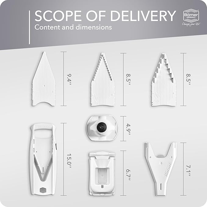 Mandoline Food Slicer Börner V5 (Profi Set) by Reston Lloyd • V-Slicer with 4 Inserts, Docking Station & Food Holder • Made in Germany • Fruit & Vegetable Chopper • Multiple Settings • Color: White