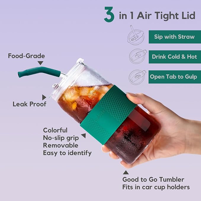 ColoVie 20oz Mixed Drinking Glasses with 6 Colors, Thicken Reusable Glass Tumblers with Lids and Straws, Removable Silicone Sleeve for Hot or Iced Drinking, Unique Colorful Glass Cups