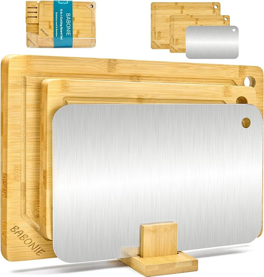 Babonie Bamboo Cutting Board Set of 2PC Large Bamboo Cutting Boards for Kitchen with Wooden Organizer, 1PC Stainless Chopping board for Meat, Vegetables and Fruits Ideas Kitchen Gift