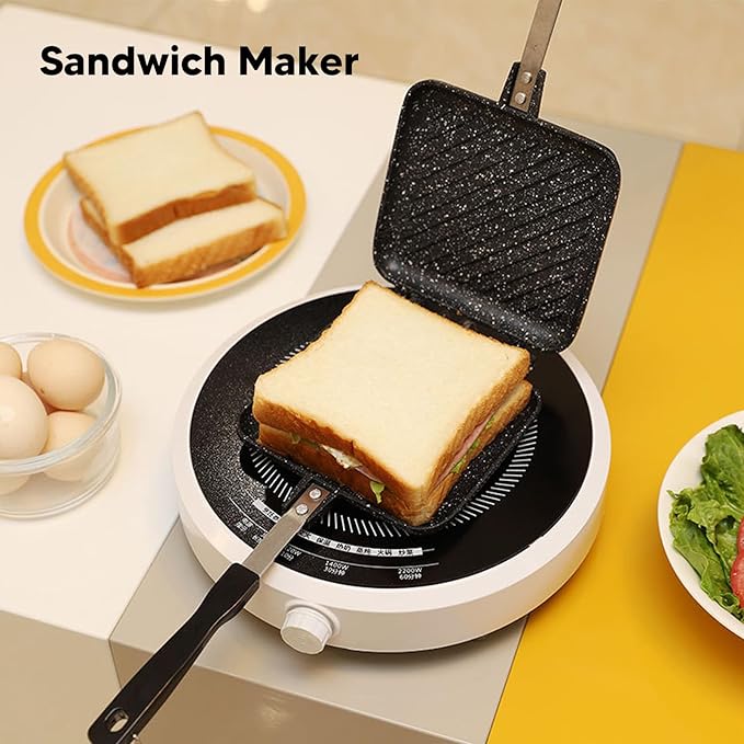 Double Sided Breakfast Sandwich Maker,Anti Stick Sandwich Maker Press Flip Pan,Aluminium Alloy Grilled Cheese Maker,Waffle Pan,Panini Maker Pan,Pie Irons for Camping