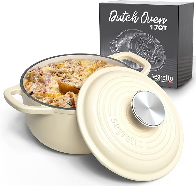 Segretto Cookware 1.7-Quart Enameled Cast Iron Dutch Oven with Lid – Bianco Perla (Pearl White) Small Camping Pot for Bread Baking & Cooking