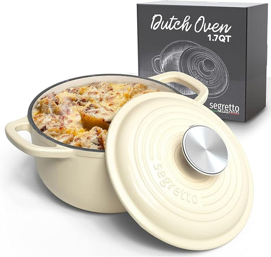 Segretto Cookware 1.7-Quart Enameled Cast Iron Dutch Oven with Lid – Bianco Perla (Pearl White) Small Camping Pot for Bread Baking & Cooking