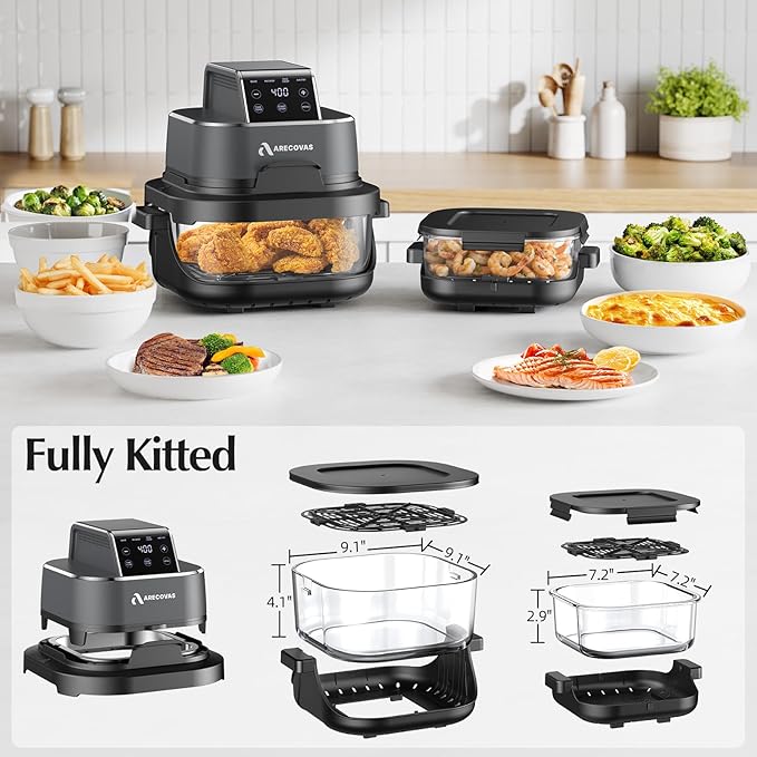 Arecovas 4-in-1 Portable Glass Air Fryer, 140–400°F Precise Heat, Max Crisp Technology, 4.2QT & 1.6QT Dual Containers with Lids, Freezer & Dishwasher Safe, Bake, Recrisp, Air Fry
