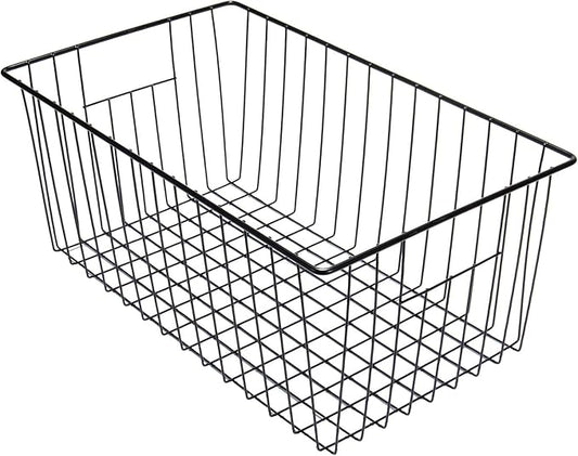 16" L x 12" W Wider Freezer Storage Organizer Baskets Container, Deep Metal Wire Chest Upright Refrigerator Divider with Built-in Handles for Cabinet, Pantry, Closet, Kitchen, Black