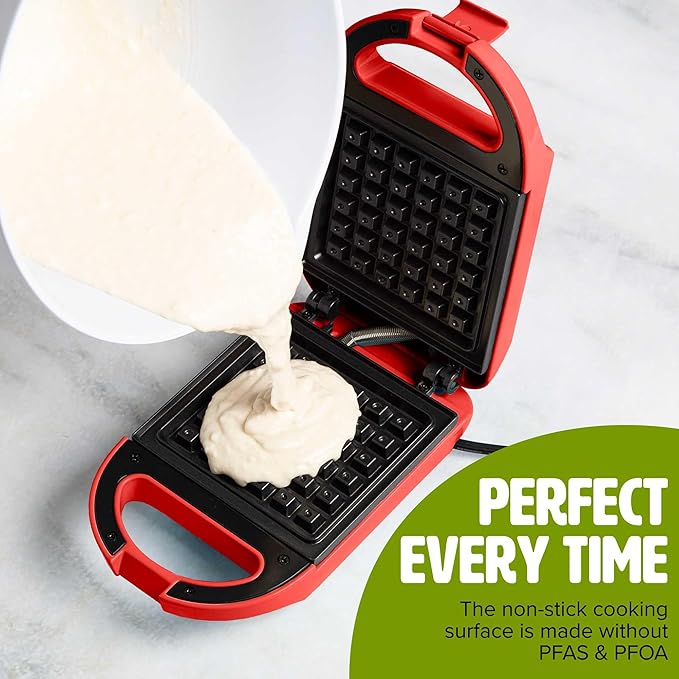 Tasty Mini Nonstick Waffle Maker, Perfect for Individual Waffles, Hash Browns, Brownies and more, Quick Results, Easy Clean Up, 600W, Red