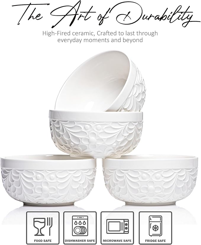 Ceramic Bowls for Kitchen with Nature-Inspired Engravings - Versatile Ramen Bowl Set for Pho, Chili, Oatmeal, Cereal, Rice, Fruit, Soup - Dishwasher, Microwave, Oven, Freezer Safe - 22 Oz, Set of 4