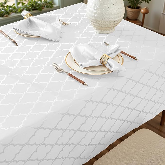 Larponder Tablecloth Rectangle, Jacquard Polyester Table Cloth, Washable & Spill Proof Table Cover for Spring Kitchen Graduation Dining Party Picnic (Rectangle, 60" x 120", White)