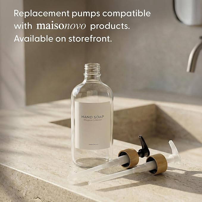 MaisoNovo Glass Hand Soap Dispenser | Dish Soap Dispenser for Kitchen | 16.9oz Clear Bottles with White Bamboo Pump | Bathroom Lotion Dispenser
