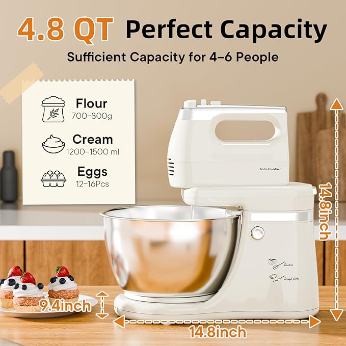 Stand Mixer Hand Mixer Kitchen Electric - 2-IN-1 4.8 QT Auto-Rotating Bowl & Beater Tilt-Head Standing Mixer, 250 Watt 5-Speed with Turbo Boost Household Mixer with Beaters & Dough Hooks for Baking