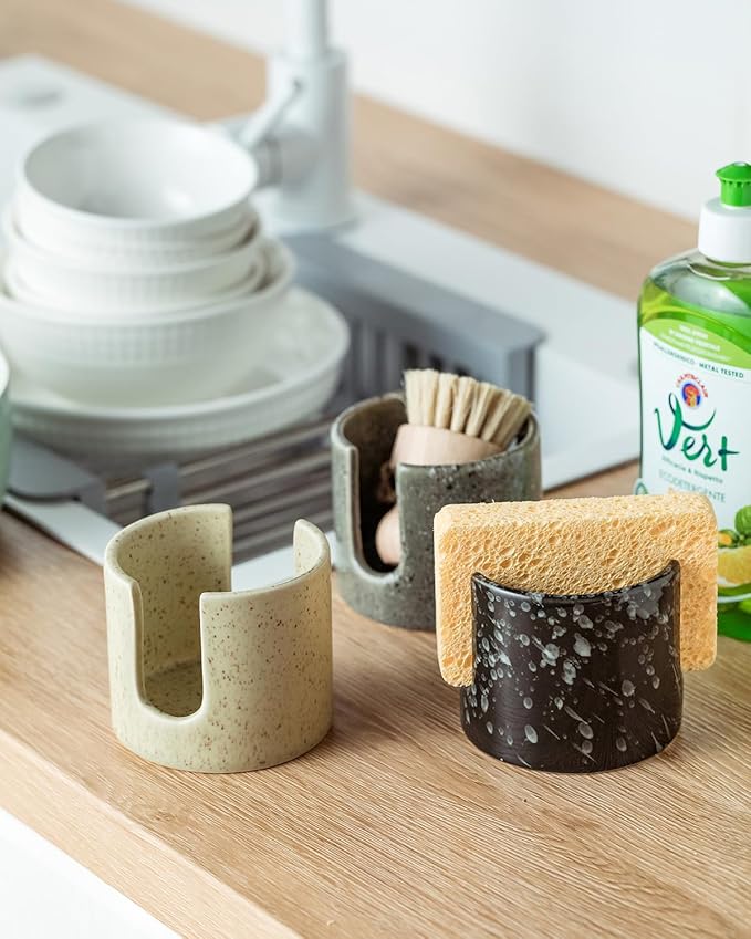 Sponge Holder for Kitchen Sink, Ceramic Dish Sponge Holder Compact Scrubby Daddy Kitchen Organizer Dish Rcak for Sponges, Scrubbers, Yellow