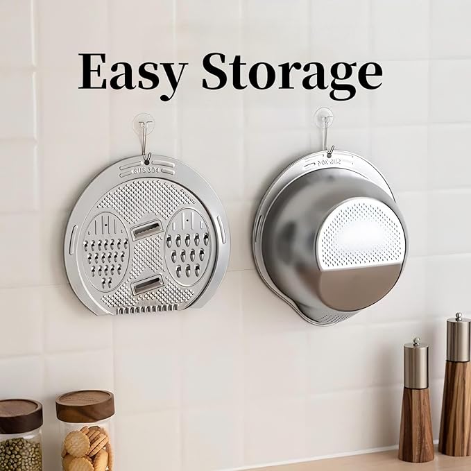 2-Piece 304 Stainless Steel Rice Washer Strainer Bowl with Grater Lid – Multifunctional Fruit Washing Basin and Rice Rinser Set, Heavy-Duty Kitchen Colander
