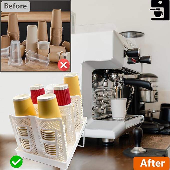 Coffee Cup Organizer Holder, Adjustable Cup and Lid Storage Rack,6 Slots Disposable Paper Cup Dispenser fits 8-22oz,Plastic Cup Stand for Coffee Station Bar Countertop Home Kitchen,White