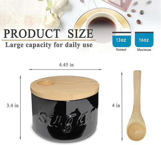 Sugar Bowl with Lid and Spoon, 16 OZ Airtight Sugar Container for Coffee Bar, Farmhouse Ceramic Jar, Sugar Holder Coffee Bar Accessories for Countertop, Black
