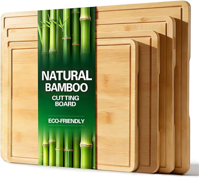 Zarler Bamboo Cutting Boards for Kitchen, 4 Piece Durable Wood Cutting Board with Juice Grooves and Handles, Wooden Chopping Board Set for Meal Prep, XL Size, Ideal Kitchen Gift