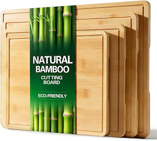 Zarler Bamboo Cutting Boards for Kitchen, 4 Piece Durable Wood Cutting Board with Juice Grooves and Handles, Wooden Chopping Board Set for Meal Prep, XL Size, Ideal Kitchen Gift