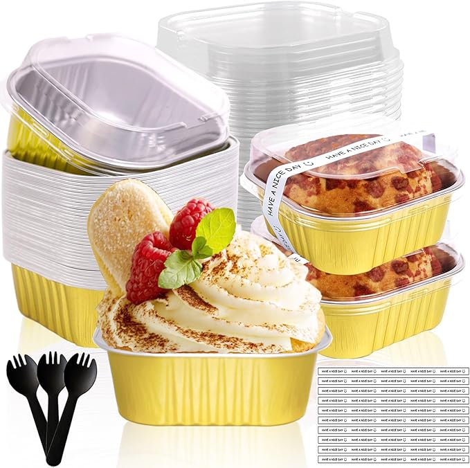 BZIDII 10oz Mini Cake Pans With Lids 50 Pack Aluminum Foil Square Brownie Baking Cups,Disposable Loaf Pans With Lids and Spoons Stickers,Large Cupcake Pans Muffin Tins Cake Container (Gold)