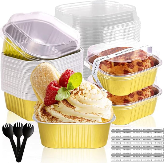 BZIDII 10oz Mini Cake Pans With Lids 50 Pack Aluminum Foil Square Brownie Baking Cups,Disposable Loaf Pans With Lids and Spoons Stickers,Large Cupcake Pans Muffin Tins Cake Container (Gold)