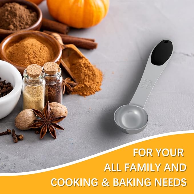 LEIFENY 2PCS 1/4 Tsp(1.25ml) Single Measuring Spoon with Black Silicone Grip, Stainless Steel Individual Measure Scoop Only
