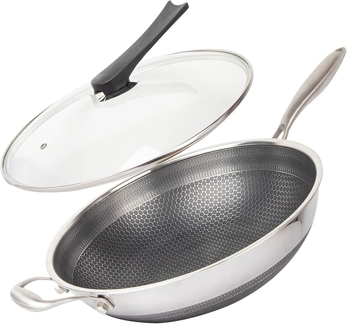 CATHYLIN 14" Honeycomb Non Stick Wok Pan Stainless Steel Stir-fry Wok with Lid,Skillet with Stay-cool Handle PFOA Free Suitable for Induction, Ceramic, Electric, and Gas Cooktops (Sliver, 14 Inches)