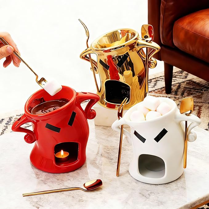 Ceramic Fondue Mug with Spork, Microwave Safe Personal Melting Cup for Chocolate & Cheese Dipping, Ideal Mini Fondue Set