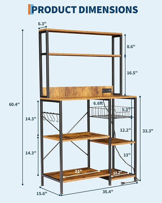 Garvee Kitchen Bakers Rack with Power Outlet, 35 * 60inch Microwave Oven Stand with Storage 4 Tiers, Coffee Bar Table with 5 S Hooks, Kitchen Storage Shelf Rack for Spices, Pots, Rustic Brown
