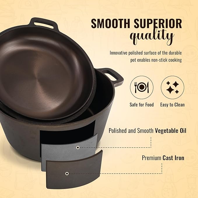 Smooth and Polished Cast Iron Dutch Oven by StarBlue – 5 qt Cast Iron with 10 Inches Diameter, 2 in 1 Multipurpose Skillet and Pot for Non-Stick Cooking