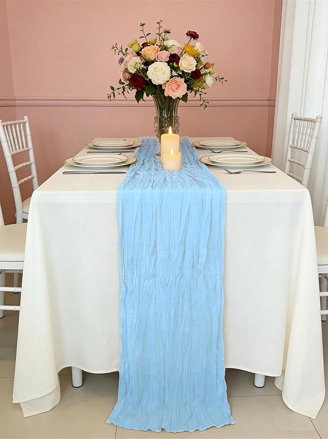 3 Pack Baby Blue Cheesecloth Table Runner -17×120 Inch Gauze 10 FT Long Cheese Cloth Table Runners for Bridal Wedding Party Baby Shower Holiday Birthday Home Easter Decor (Baby Blue, 3PC)