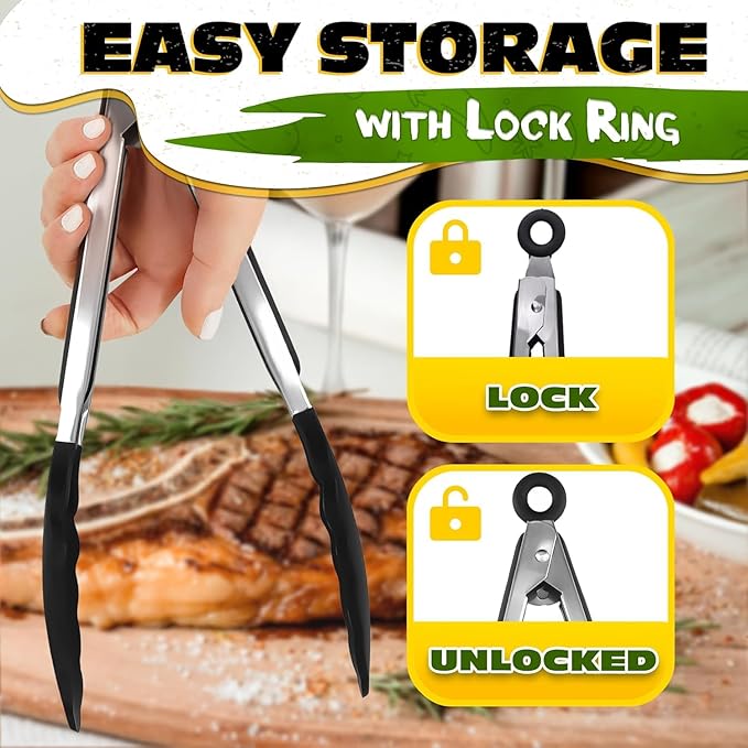 Kitchen Tongs Set of 3-7/9/12" Silicone Tipped Tongs for Cooking with Stainless Steel Build for Heat Resistant Handling, Non Stick & Easy-Lock Storage – Versatile Set for Meat Flipping & Salad Prep