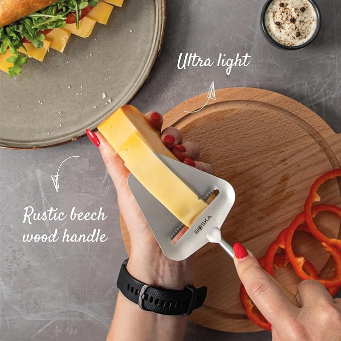 Boska cheese slicer Amigo/Slicer for mature and aged cheese/Ergonomic handle/Stainless steel/Beech wood/Non-stick thanks to BSF treatment/Also for slicing vegetables