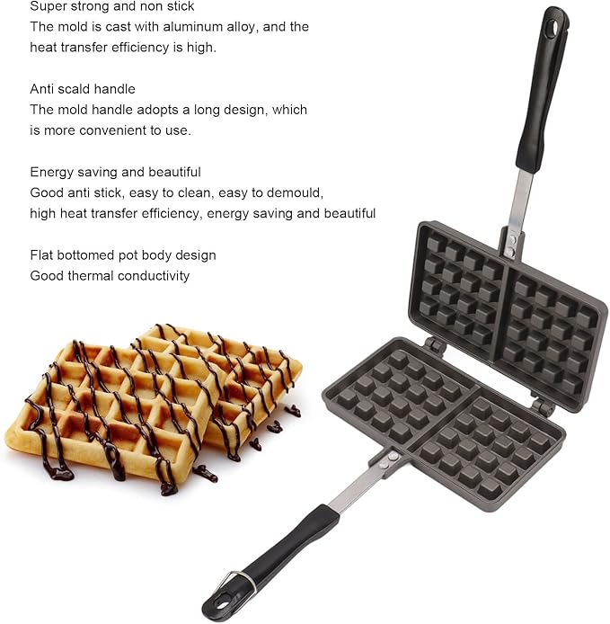Double Pie Waffle Maker, Non Stick Waffle Irons with Anti Scalding Handle, Portable Aluminum Alloy Stove Top Cast Iron Waffle Maker Pan, Perfect for Kitchen Cooking and Family Breakfast Baking
