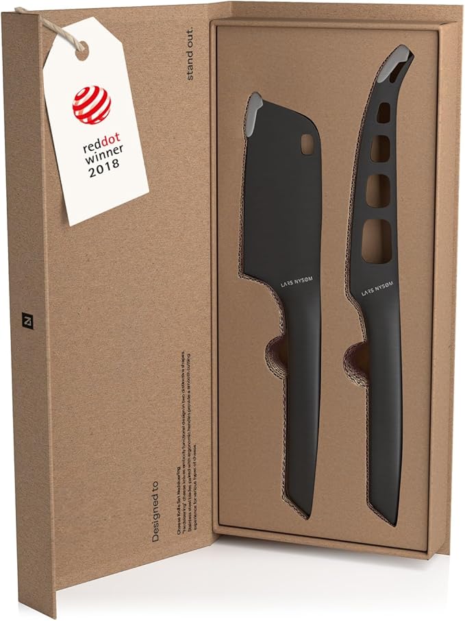 LARS NYSØM Cheese Knife Set Edge 2 pcs. I Cheese Knife Set Made of Stainless Steel I Premium Gift Box I Perfect as Christmas Gift (Carbon Black)